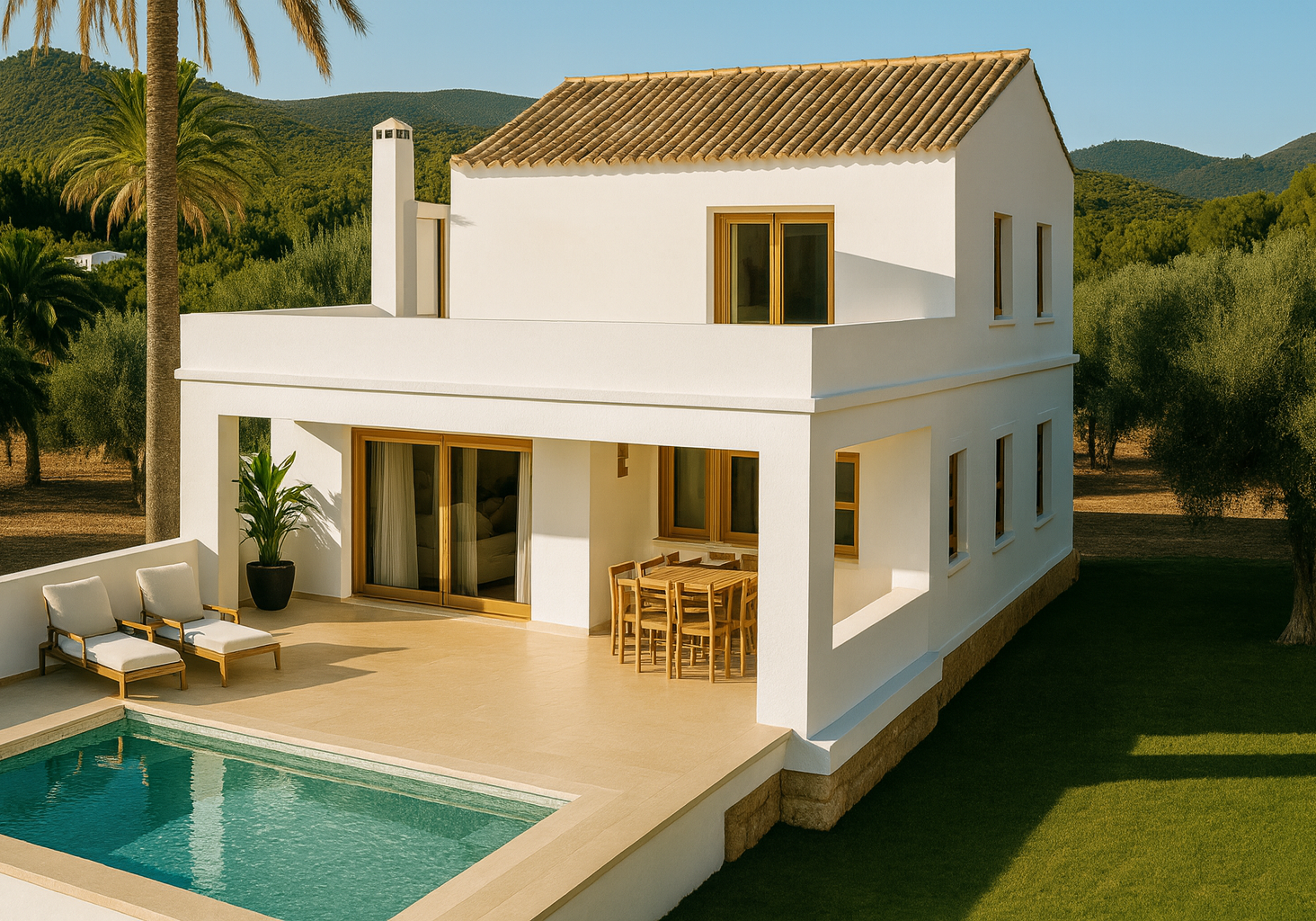 Moderne witte villa met zwembad en tuin in mediterrane stijl, perfect voor vakantie of wonen.